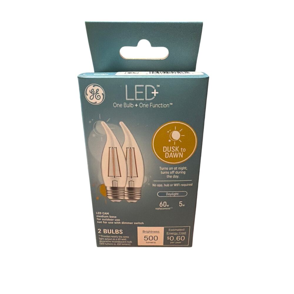GE LED+ Dusk to Dawn LED Light Bulbs 60 Watts Daylight Candle Bulbs, Md Base 2pk